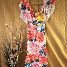 Floral Off Shoulder Maxi Dress Ruffle Multicolor Flutter Short Sleeve Long