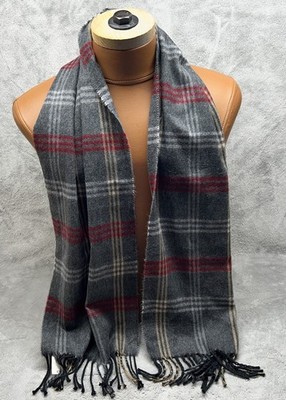 New Cejón Gray Red Plaid Fringe Scarf Made in Italy 12x56