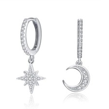 Moon Star Hoop Dangle Earrings for Women, Small Huggie Hoop Earring with Cubi...
