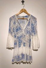 Sumitra Boho Tunic Dress Blue White Ruffle Embroidered 3/4 Flare Sleeve O/S