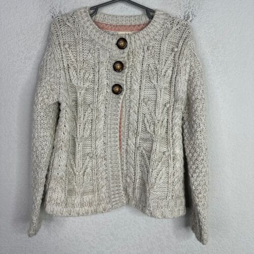 Mini Boden Sweater Girls Size 5-6 Beige Cable Chunky Knit 3-Button Boho Cardigan