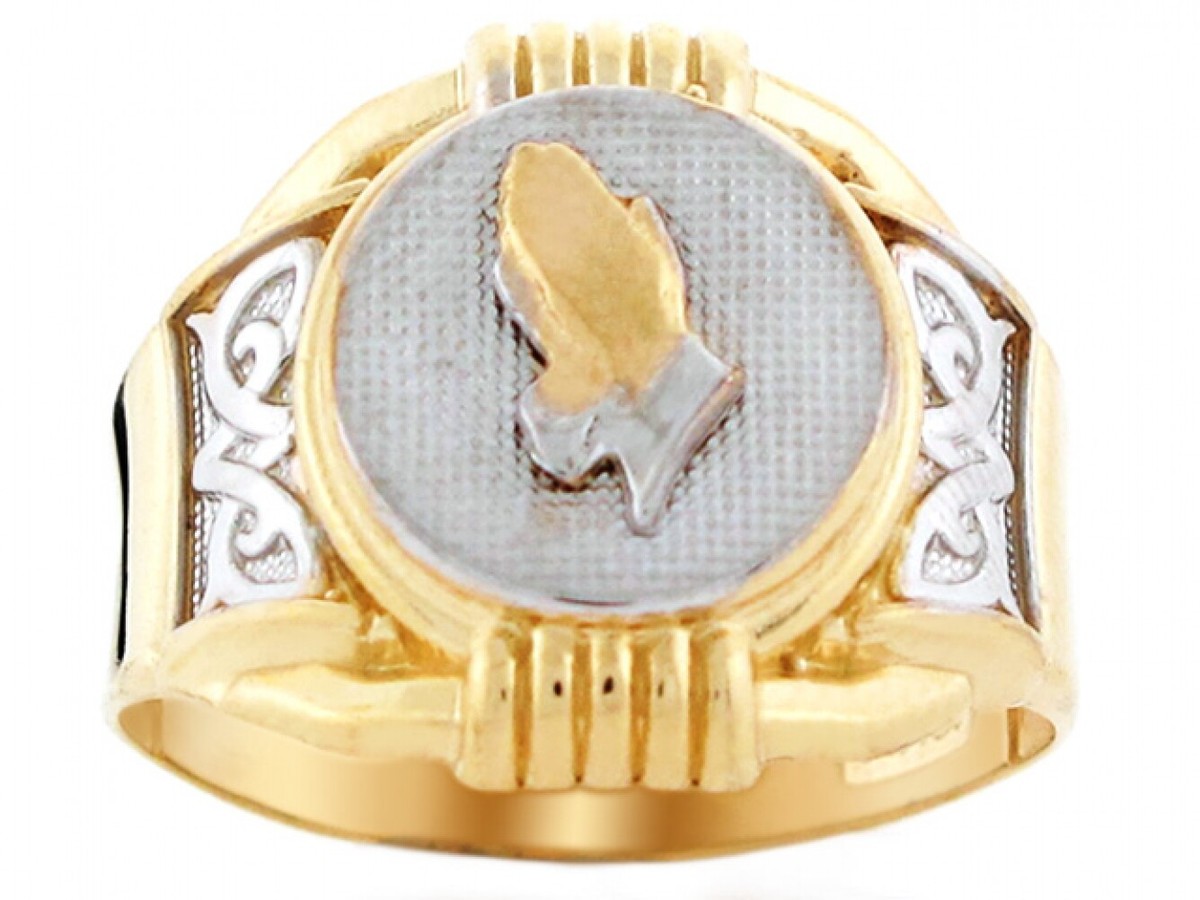 10k or 14k Two Tone Gold Religious Praying Hands Mens Ring