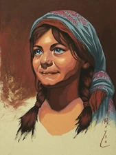 Young Girl Portrait Painting - Original Gouache Painting - Portrait Artwork