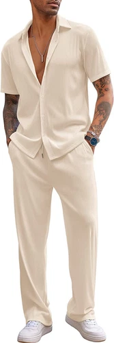 Men Outfit 2-Piece Set Half Sleeve Button Shirt and Pants Sweatsuit Set - Picture 5 of 30