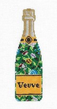 "Veuve" Champagne Bottle Green Floral HP Needlepoint Canvas by C'ate La Vie
