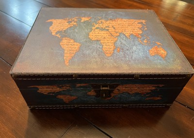 Treasure Chest w Lid & Lock -Storage Box for Travel Home Decor- Retro World Map