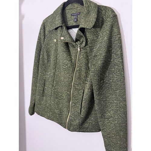 Isaac Mizrahi Live! Quilted Moto Jacket Textured Zip Front Olive Green Size M - Picture 2 of 4