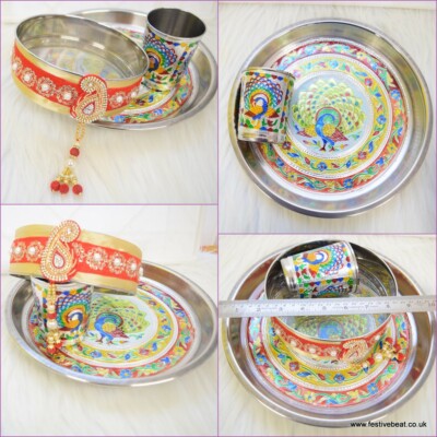 Handgefertigte Karwa Chauth Thali - Verzierter Stahl Pooja Teller Mit Kalash