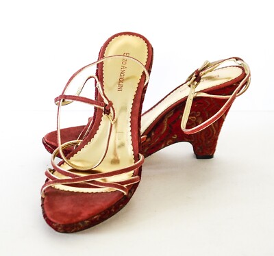 Enzo Angiolini Red/Gold Tapestry Wedge Ankle Strap Sandals Size