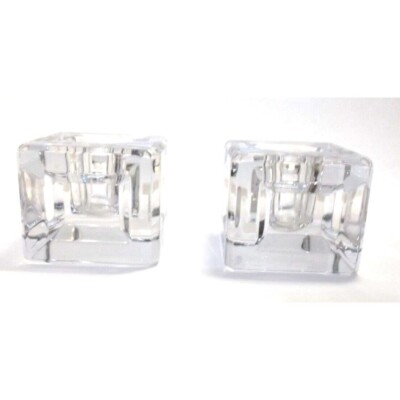 2 Vintage Clear Glass Solid Block Taper Candle Holders Indented Sides Unsigned