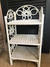 Vtg White WICKER 3 SHELF Side Table Plant Stand 32 x17 Shelving Unit Shabby Chic