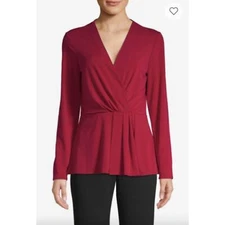 NEW H Halston Plunge Faux Wrap Red Long Sleeve Top Sz. S