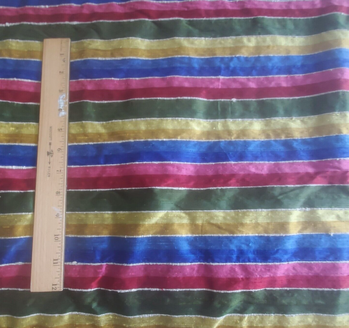 Striped Fine Silk Weave Fabric Red Green Gold Blue Decorator Dress 45"W x 6½ Yds - Picture 3 of 9
