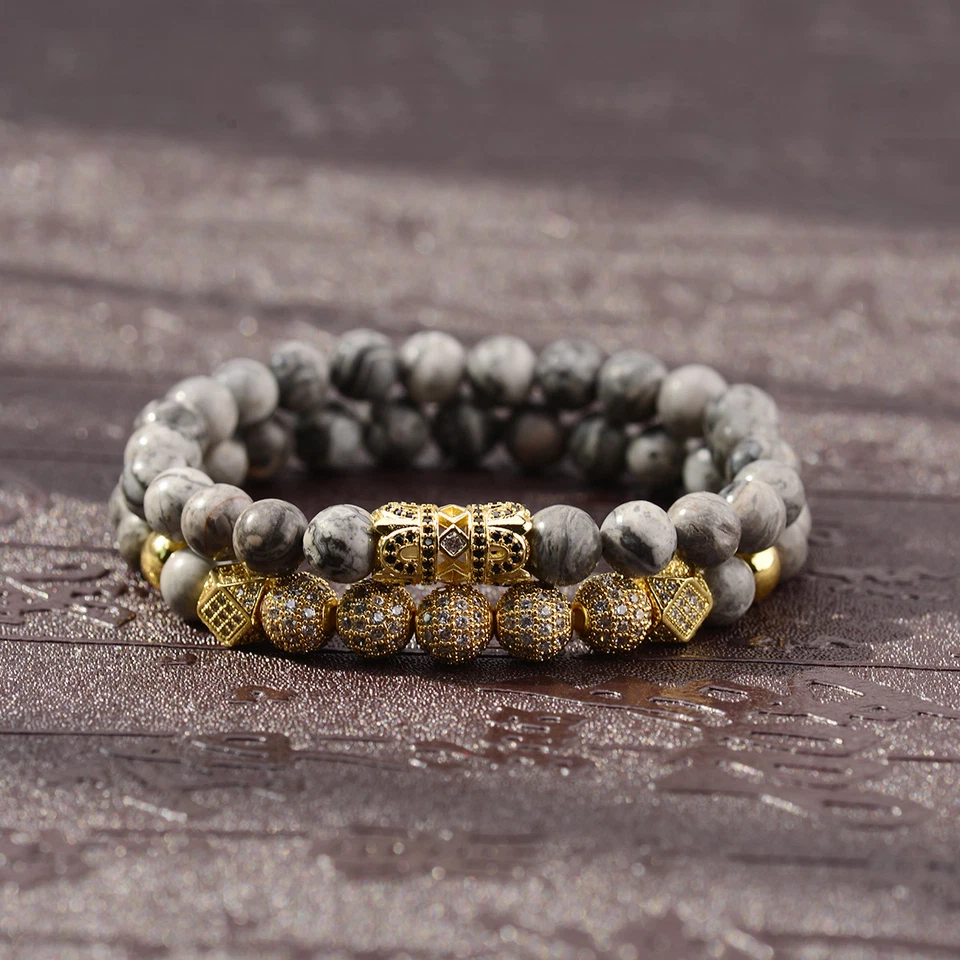 2024 Luxury Micro Pave CZ Ball Crown Charm Bracelets Men Jewelry Landscape Stone - Image 2 of 4