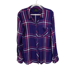 Rails Hunter Plaid Button Down Shirt Women Large Navy Ruby White 100% Rayon
