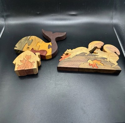WOODEN Set Of 3 hand made Art puzzles Animals Cats Whale Squirrel Hand Carved