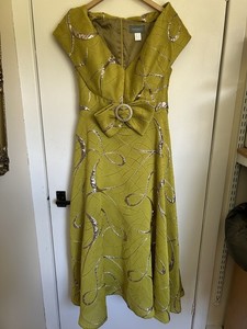 slim fit dress slacks Gabriela Sanchez Pearl & Diamante Neckline Jacquard Midi Dress, Gold main image 1
