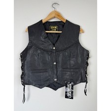 New VTG Men Goatskin Leather Vest L Black Western Concho Lace Up Biker Y2K 90s