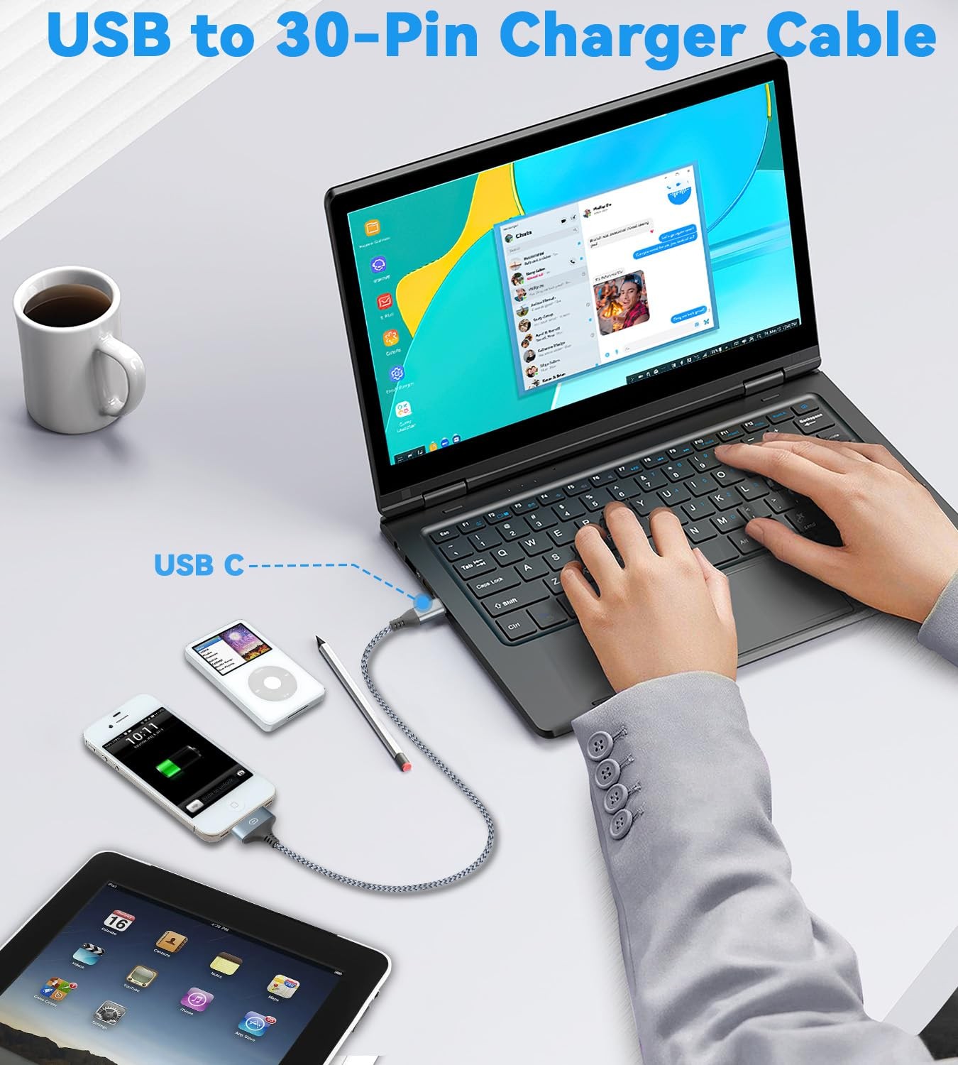 Herfair 30 Pin to USB C Adapter iPod Charger Nylon Braided Fast 1M/3FT 