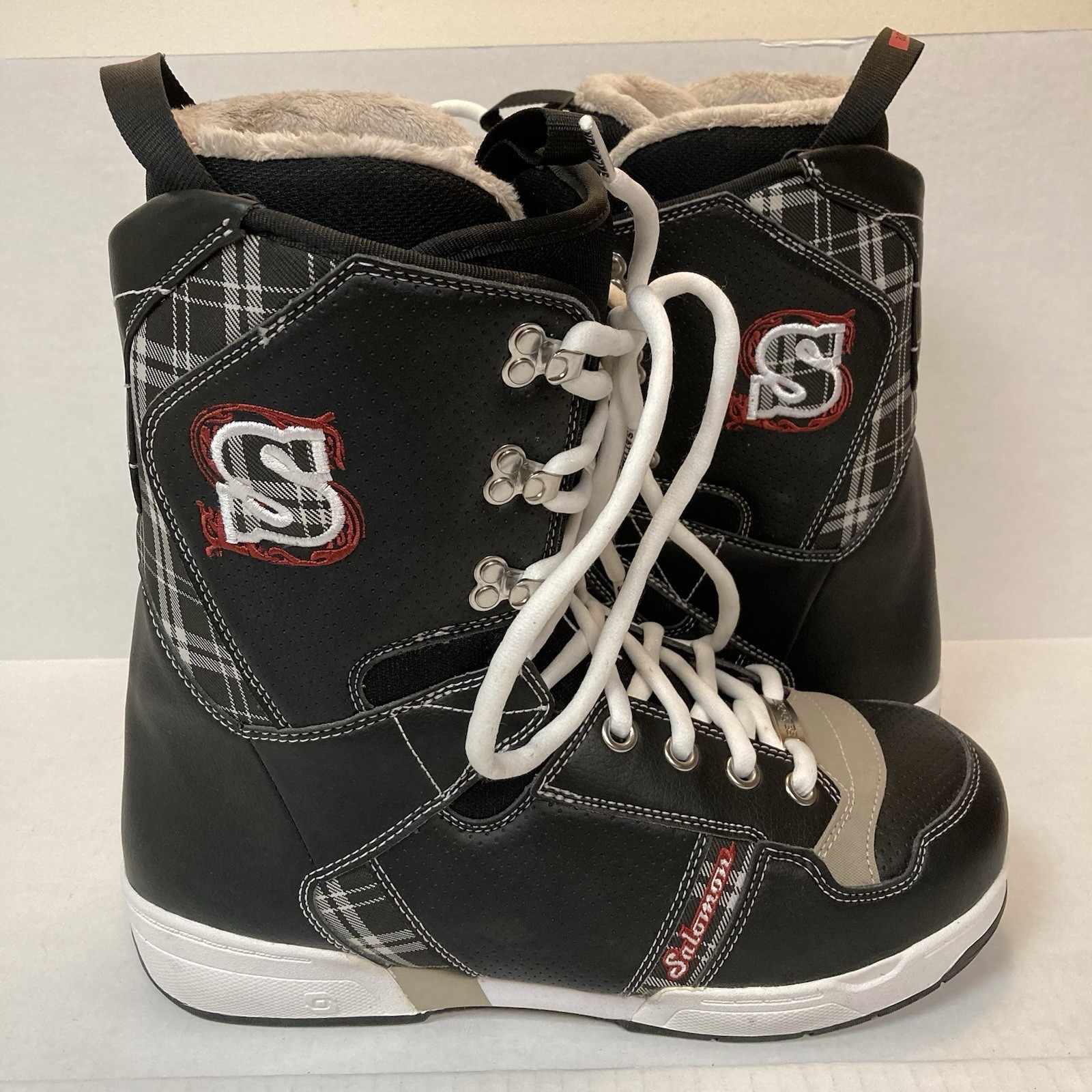 Stivali da snowboard Salomon Brigade a quadri neri allacciatura automatica uomo taglia 9 NUOVI