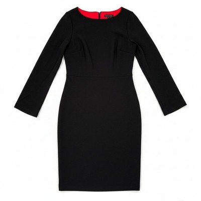 Halston Sheath Midi Dress Black Long Sleeve Stretch Crepe Back Slit Size 4