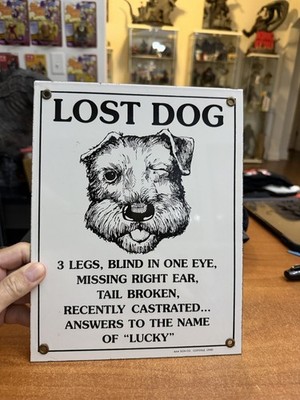 Vintage Lost Dog Porcelain Sign - Wanted Notice Missing Gas Pump Plate Sign