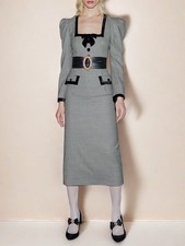 Retro Womens Tweed Dress Square Neckline Slimming Skirt Long Skirt Autumn Skirts