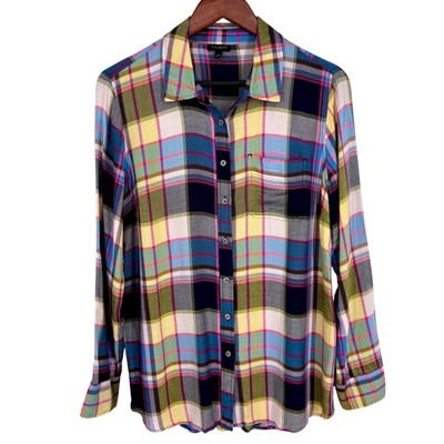 Talbots Sz Medium Pink Yellow Cozy Flannel Plaid Blouse Shirt Top Winter Fall