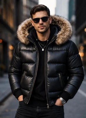 Men s Genuine Leather Puffer Jacket Black Fur Hood Winter Bomber Coat