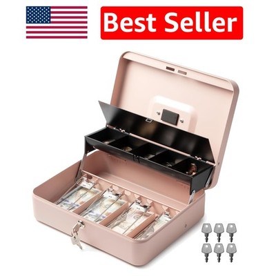 Durable Metal Money Box with Key Lock and 5-Compartment Tray - Rose Gold