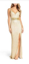 MAC DUGGAL  Glam Goddess Gold Beaded Sultry V-Neck High Slit Gown SZ 8