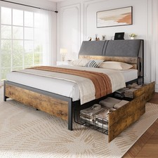 Full/Queen Size Bed Frame Metal w/Charging Station Storage Headboard  4 Drawers