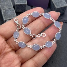 Natural Blue Chalcedony 925 Sterling Silver Link Gemstone Bracelet Jewelry