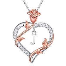 Iefil Necklaces for Women, Rose Heart Initial Necklace, Anniversary Women Gif...