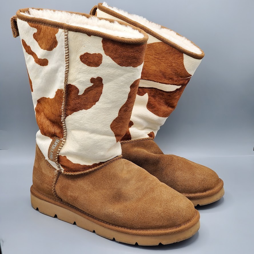 Superlamb Cow Print Sheepskin Boots Women’s Size 8B Brown White Calf Hair