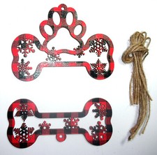 2 wooden Christmas ornaments red  green plaid dog bone  paw print