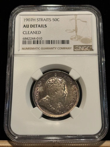 STRAITS SETTLEMENTS 50 Cents 1907 H, Heaton Mint, NGC AU Details (cleaned). X4