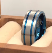 Gunmetal & Blue Tungsten Ring High Polished Thanksgiving Gift Band For Her