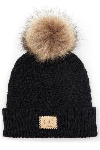 C.C Exclusive Kids Diagonal Stripes Criss Cross Cable Knit Soft Pom Beanie Hat - Picture 4 of 10