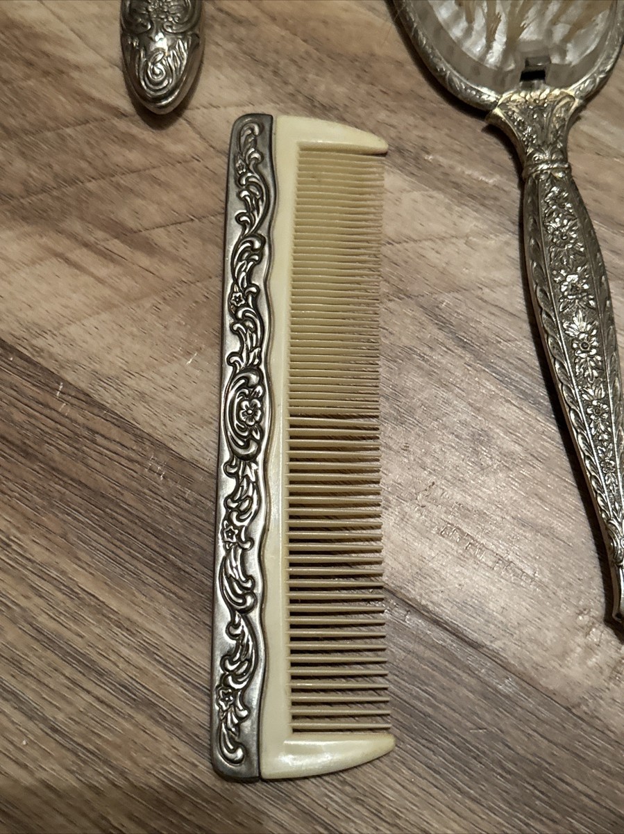 VINTAGE GODINGER SILVER PLATE MIRROR COMB BRUSH ROSES DRESSER SET