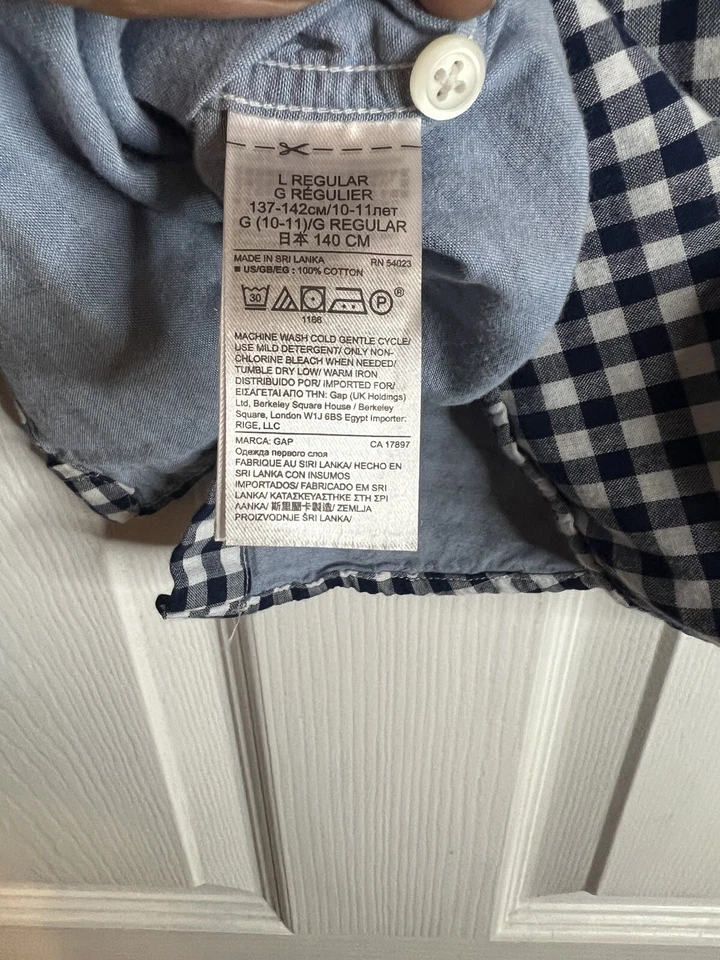 GAP Kids Boys Blue White Gingham Plaid Long Sleeve Button Up Shirt Size Large - Image 3 of 4