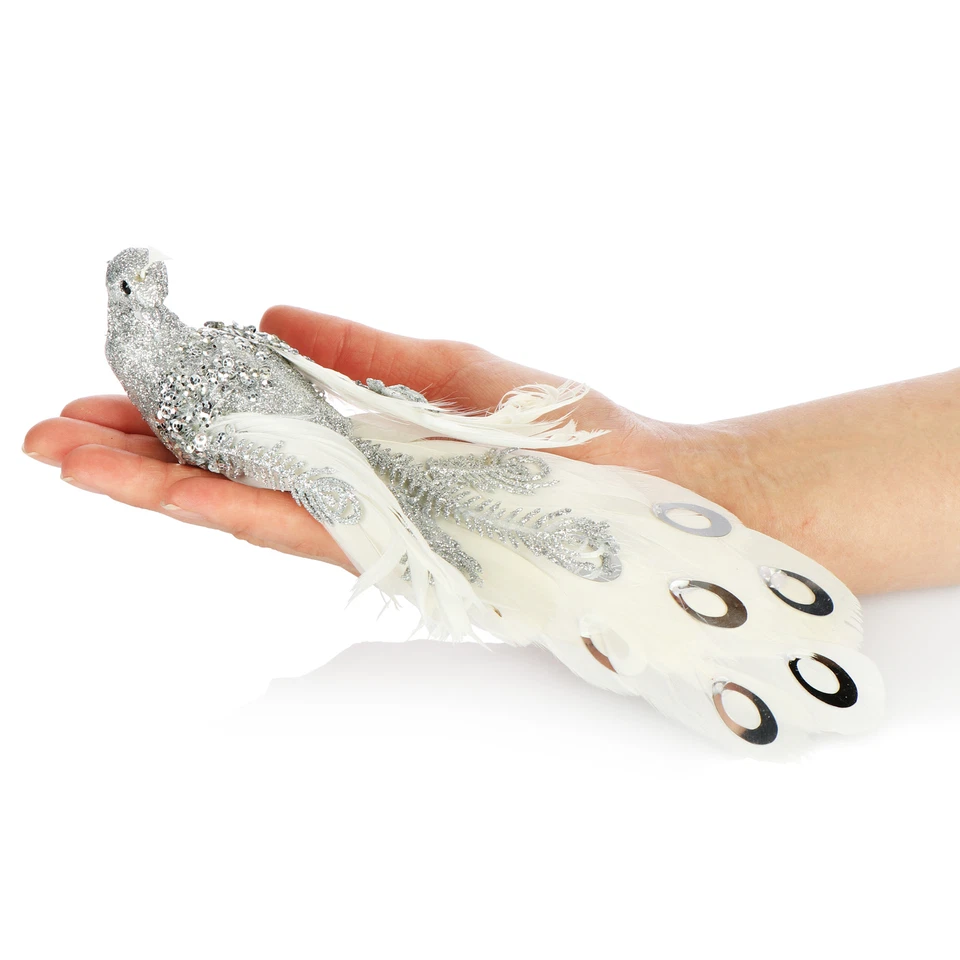 2x Christbaumschmuck Deko Vogel, Pfau mit Pailletten für Weihnachtsbaum, silber - Bild 4 von 4