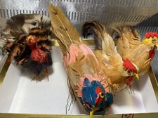 4 vintage Japan feathered birds Wire fee￼t Turkey ringneck pheasant roosters
