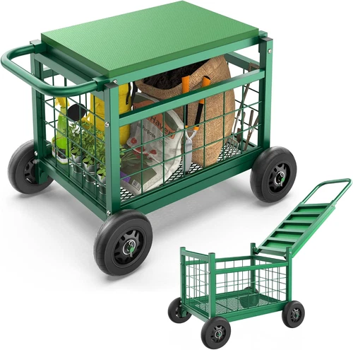 Rolling Garden Work Seat with Wheels, Upgraded Heavy Duty Gardenning Cart with S