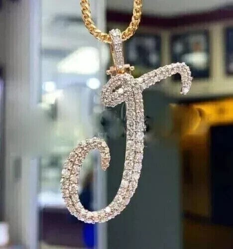 2Ct Round Cut Lab Created Diamond Men's J Letter Pendant 14K Yellow Gold Plated - Picture 1 of 3