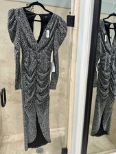 Nwt Lulus Weddings Party Glam Metallic Silver Long Sleeve Ruched Midi Dress Xs