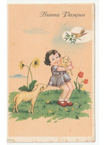 1951 MT cartolina Buona Pasqua bambina agnello colomba ramo di ulivo - Foto 1 di 2