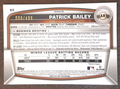 PATRICK BAILEY RC 2023 Bowman Chrome #60 Rookie Refractor /499 Giants. C2A - Picture 2 of 3