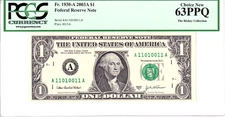 2003-A $1 FRN PCGS Choice New 63PPQ Fancy TRUE 0/1 BINARY Serial #A11010011A