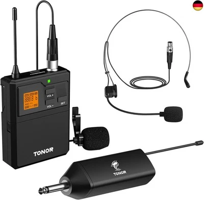 TONOR UHF Mikrofon Kabellos set mit Headset Kopfbügel Funkmikrofon/Lavalier